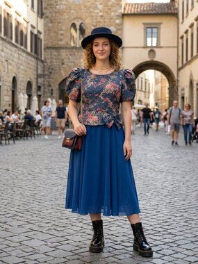 Vtg In The Mood Floral Puff Sleeve Midi Dress 16 Blue Brocade Side Bow Peplum